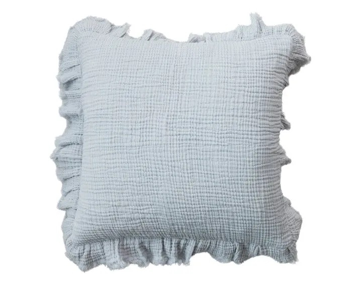 Shabby pale blue cotton pillow with ruffled trim