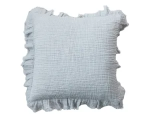 Shabby pale blue cotton pillow with ruffled trim