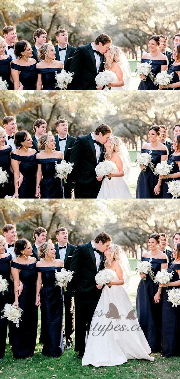 Sheath Off-the-Shoulder Long Dark Navy Satin Bridesmaid Dresses, TYP1533