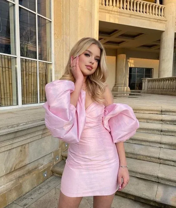 Sheath Pink Sweetheart Mini Homecoming Dress With Lantern Sleeves and Bare Shoulders APH0239