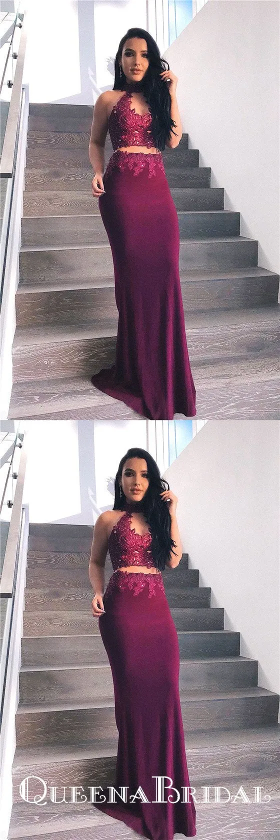 Sheath Round Neck Keyhole Burgundy Stretch Satin Prom Dresses with Appliques, QB0683