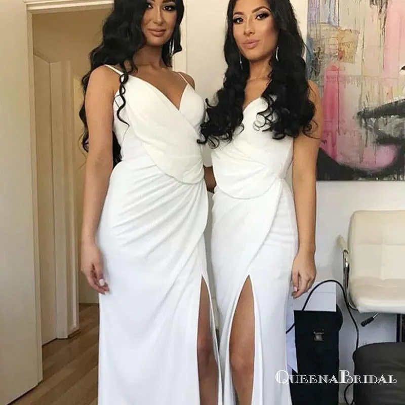 Sheath Spaghetti Straps Mermaid White Chiffon Bridesmaid Dresses with Split, QB0706