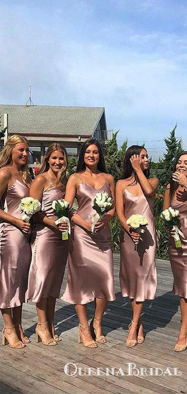 Sheath Spaghetti Straps Tea Length Champagne Bridesmaid Dresses, QB0710
