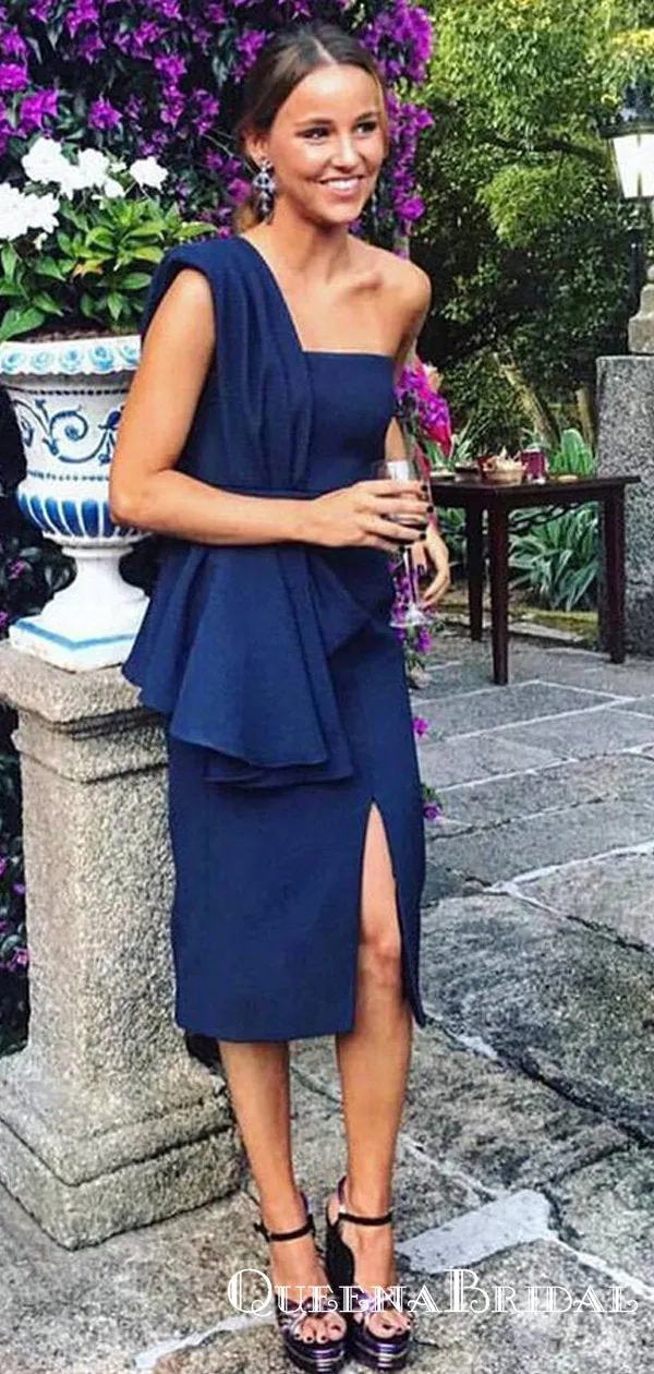 Sheath Strapless Navy Blue Knee Length Satin Bridesmaid Dresses with Split, QB0846