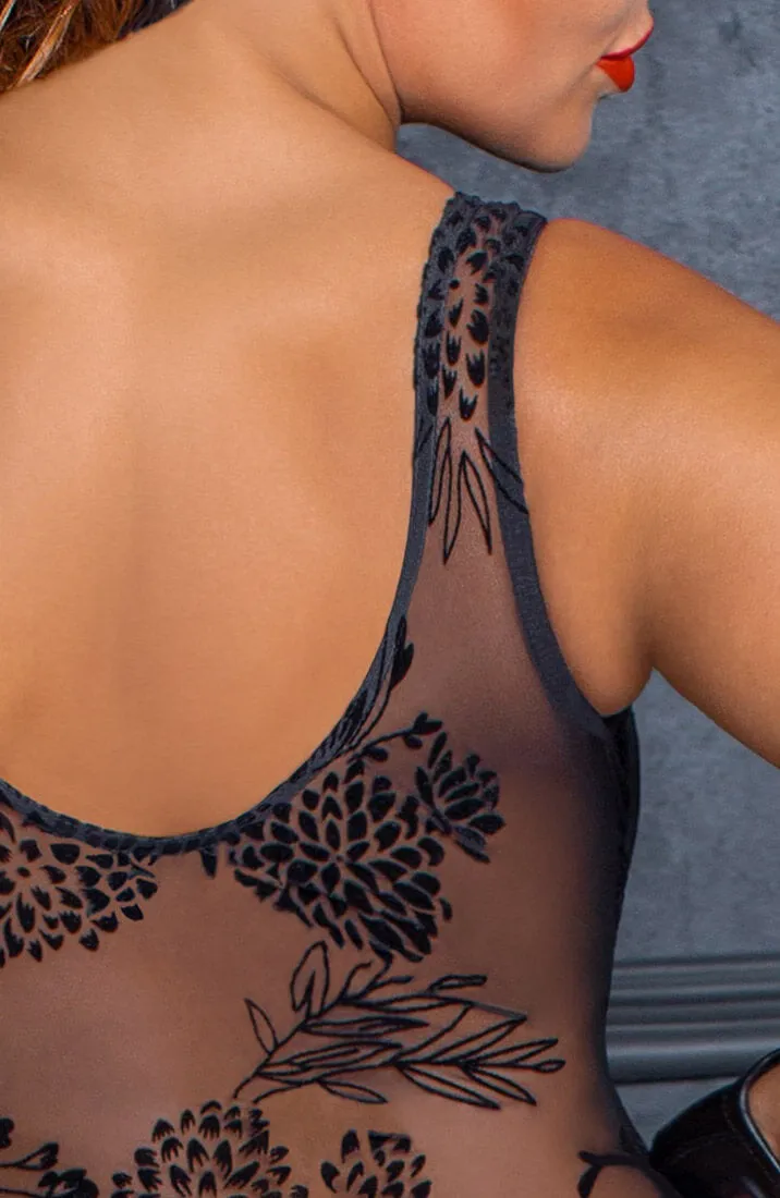 Sheer black bodysuit with flock embroidery - Break The Ice