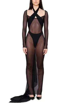 Sheer Mesh Scoop Neck Gown with Asymmetrical Train