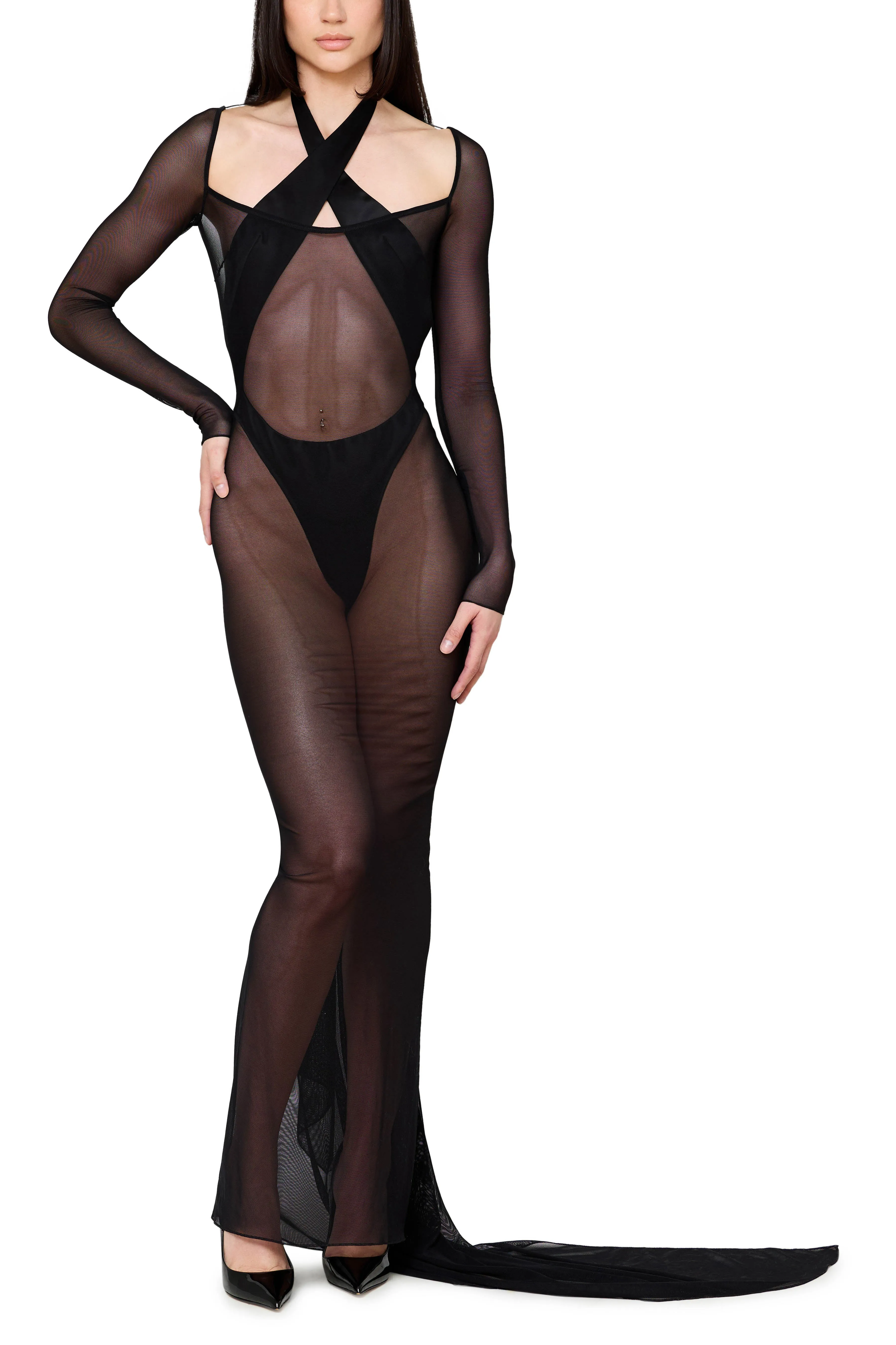 Sheer Mesh Scoop Neck Gown with Asymmetrical Train