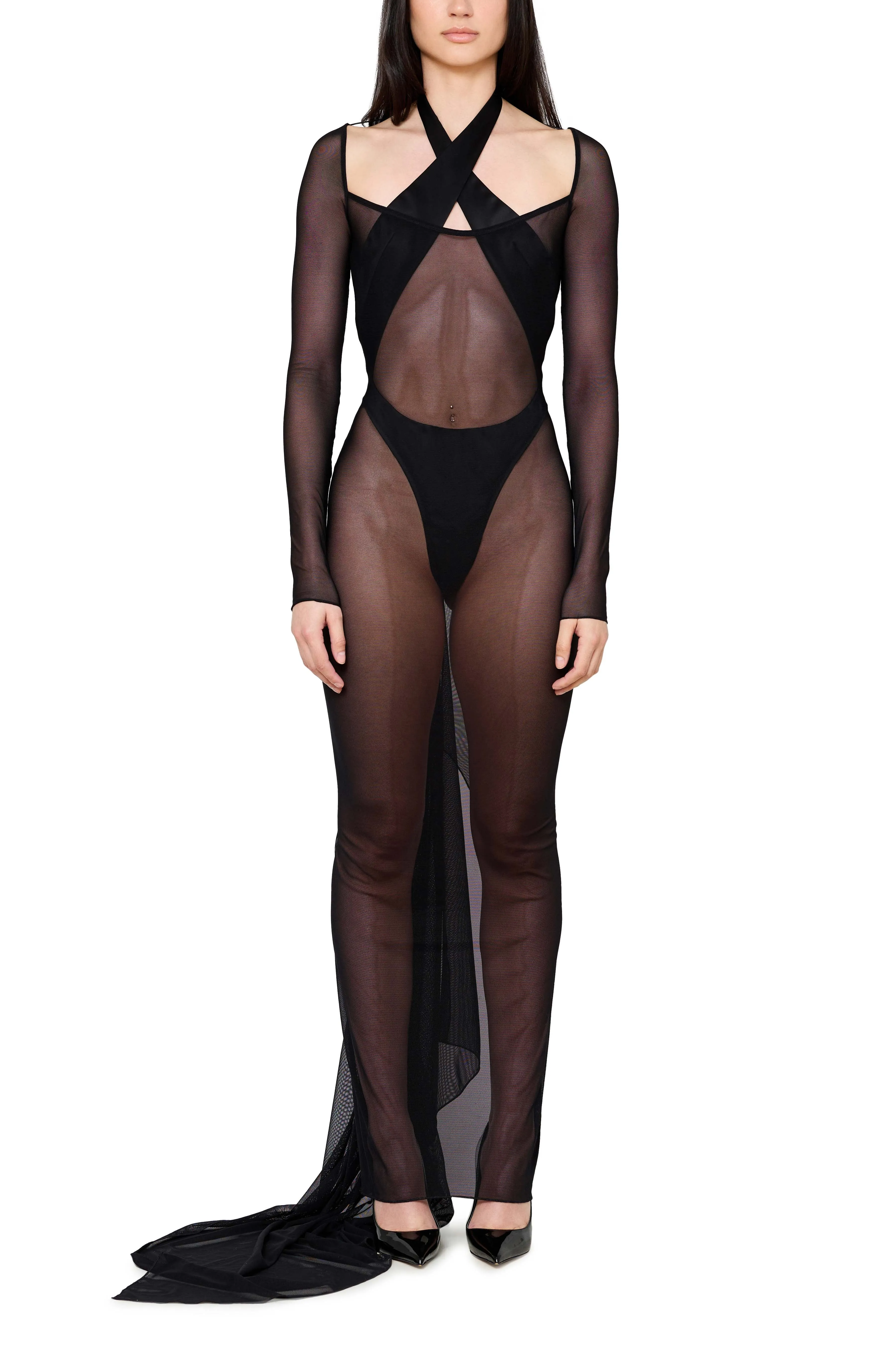 Sheer Mesh Scoop Neck Gown with Asymmetrical Train