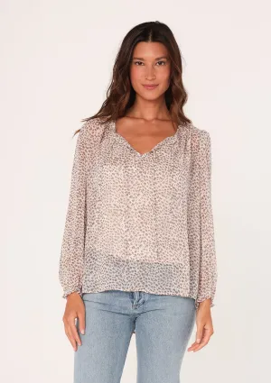 Sheer Printed Long Sleeve Double Tie Neck Blouse