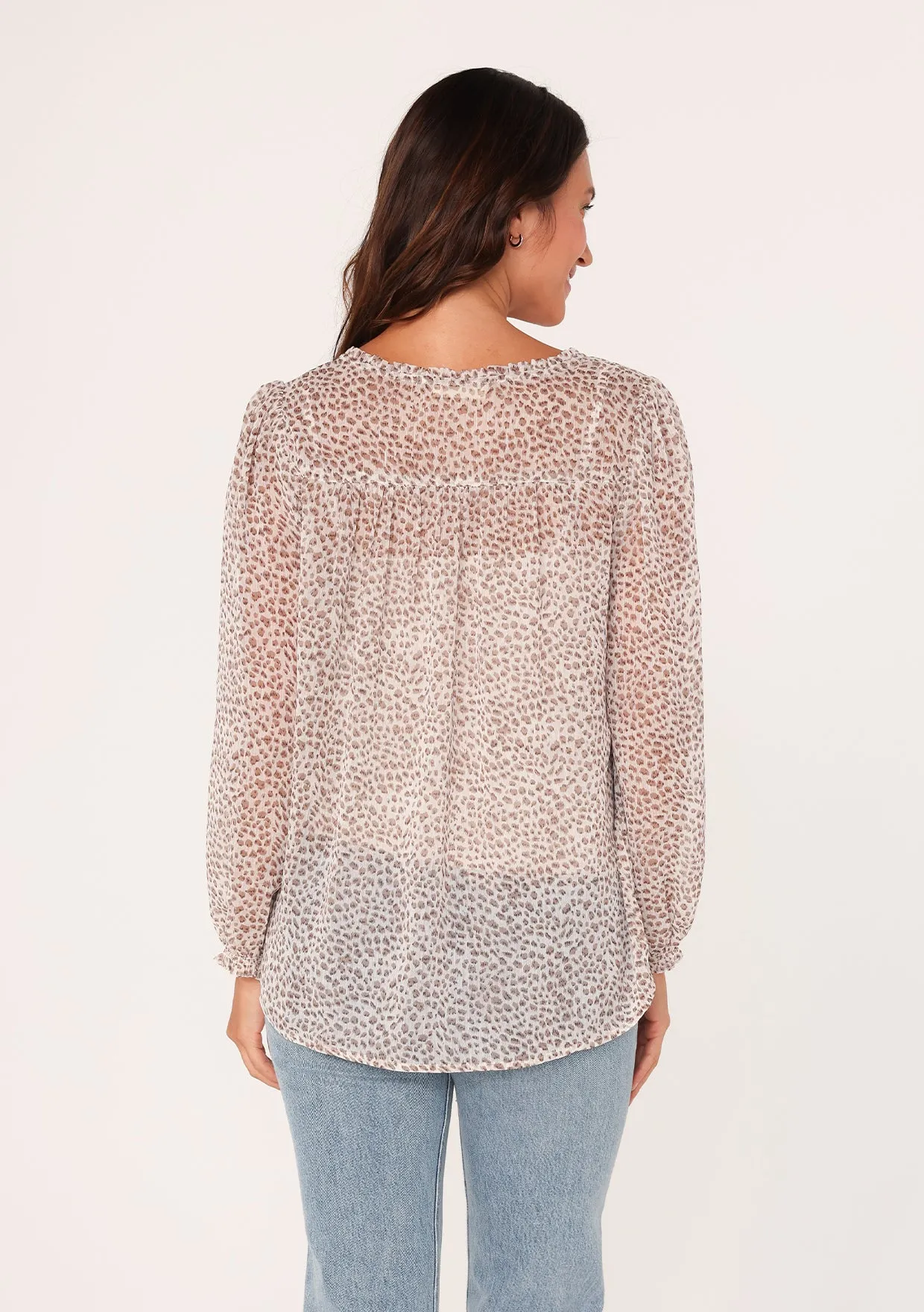 Sheer Printed Long Sleeve Double Tie Neck Blouse