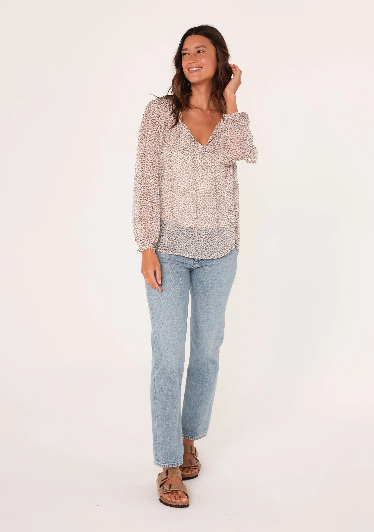 Sheer Printed Long Sleeve Double Tie Neck Blouse