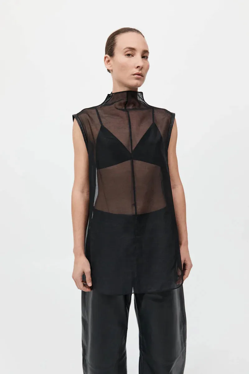 SHEER SILK LEATHER TRIM TOP