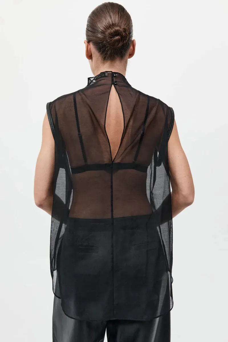 SHEER SILK LEATHER TRIM TOP