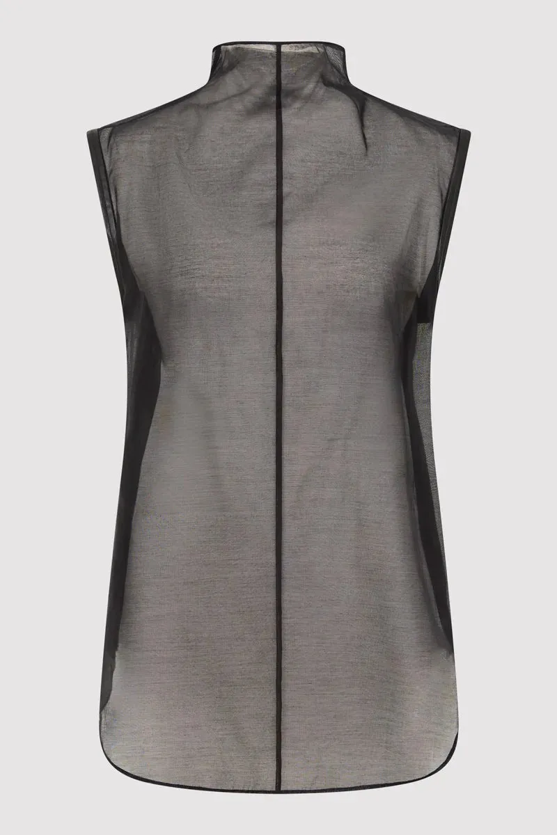 SHEER SILK LEATHER TRIM TOP