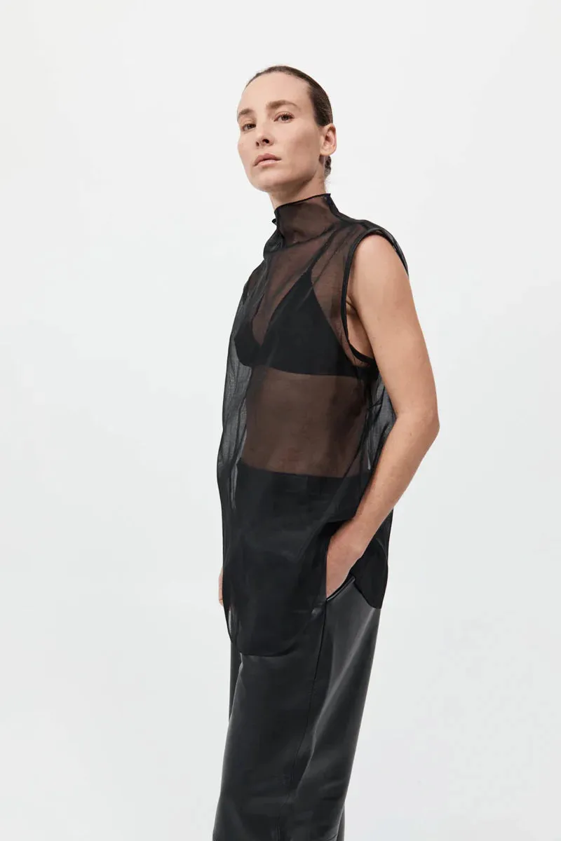 SHEER SILK LEATHER TRIM TOP