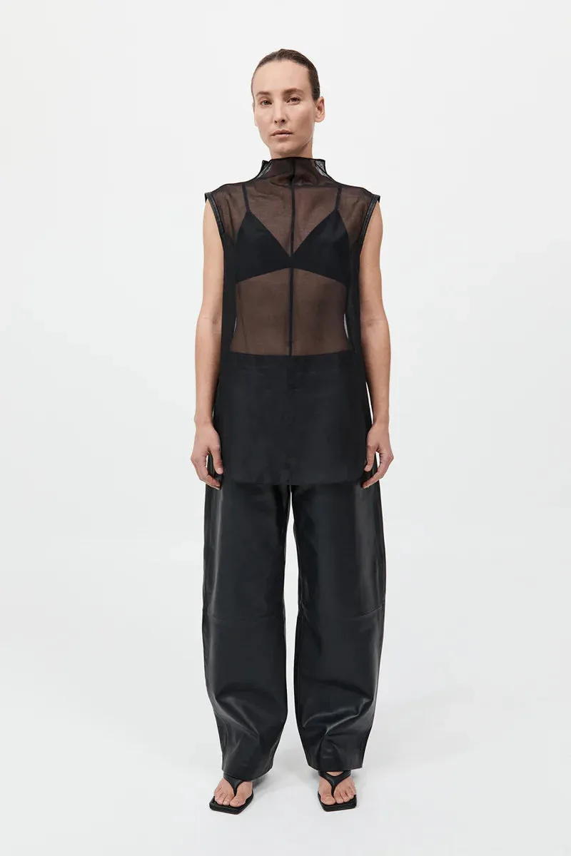 SHEER SILK LEATHER TRIM TOP