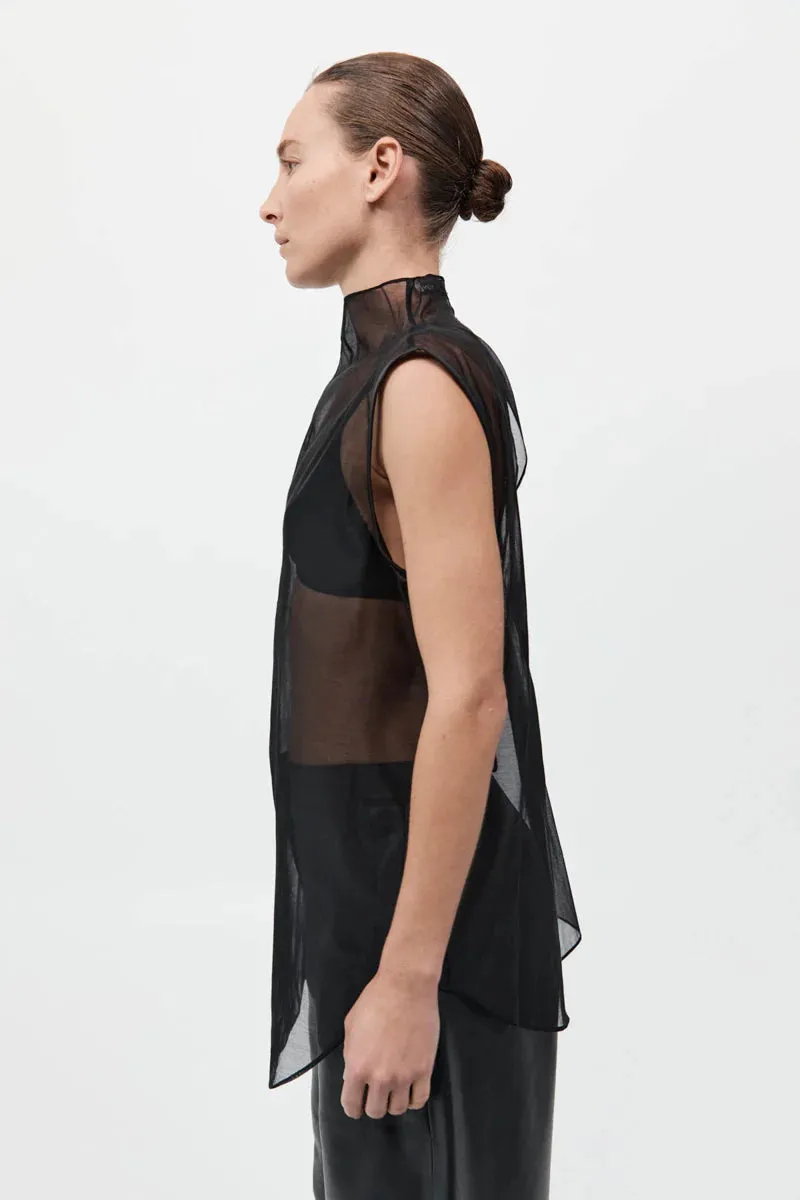 SHEER SILK LEATHER TRIM TOP