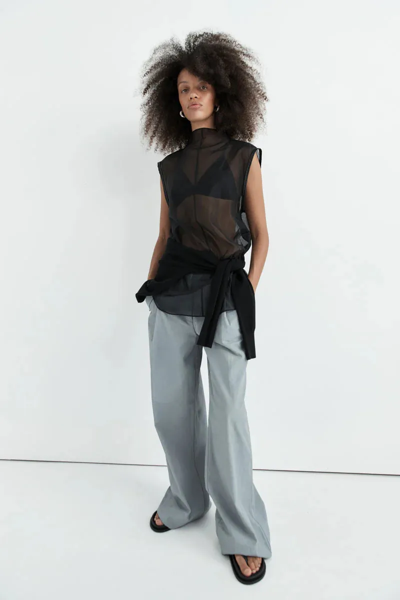 SHEER SILK LEATHER TRIM TOP