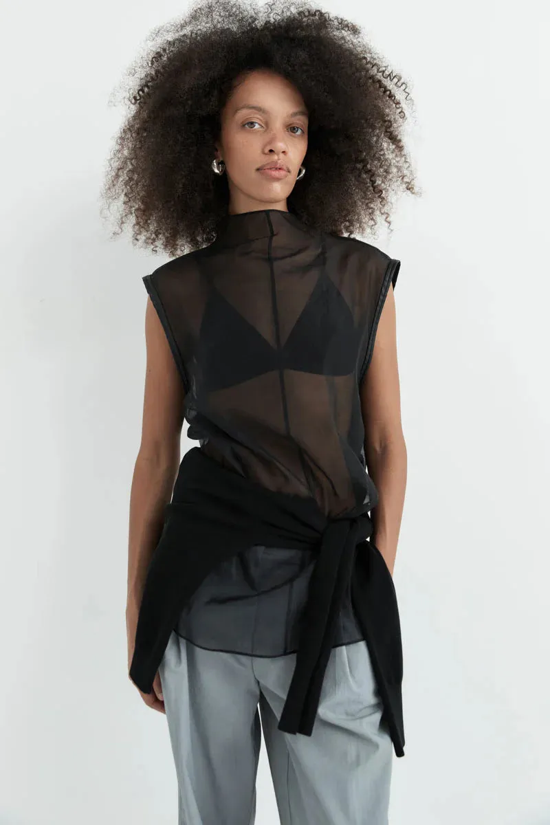 SHEER SILK LEATHER TRIM TOP