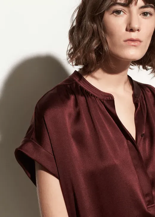 Shirred  Silk Pullover in Black Cherry