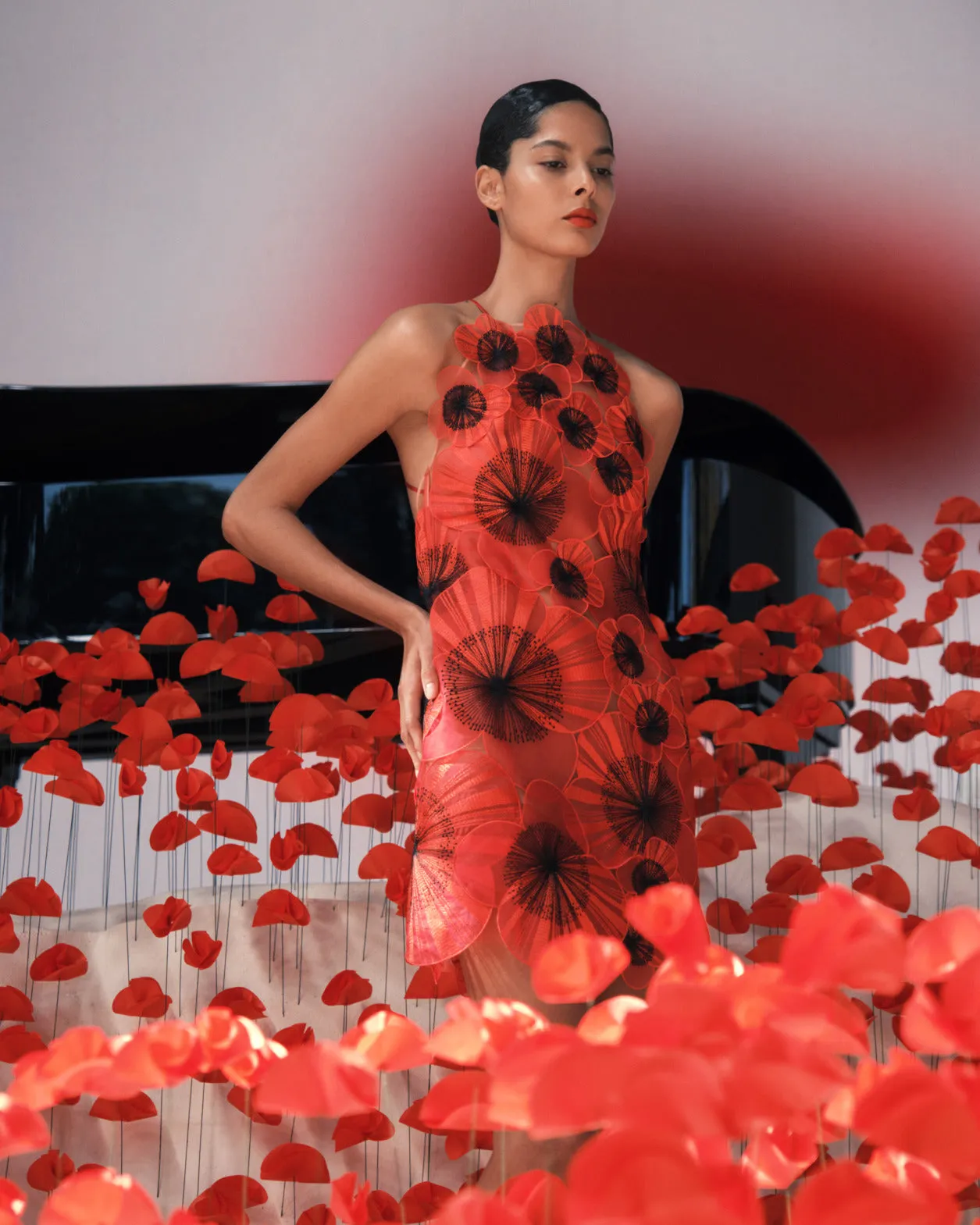 Short Sheath Dress with Poppy Embroidery