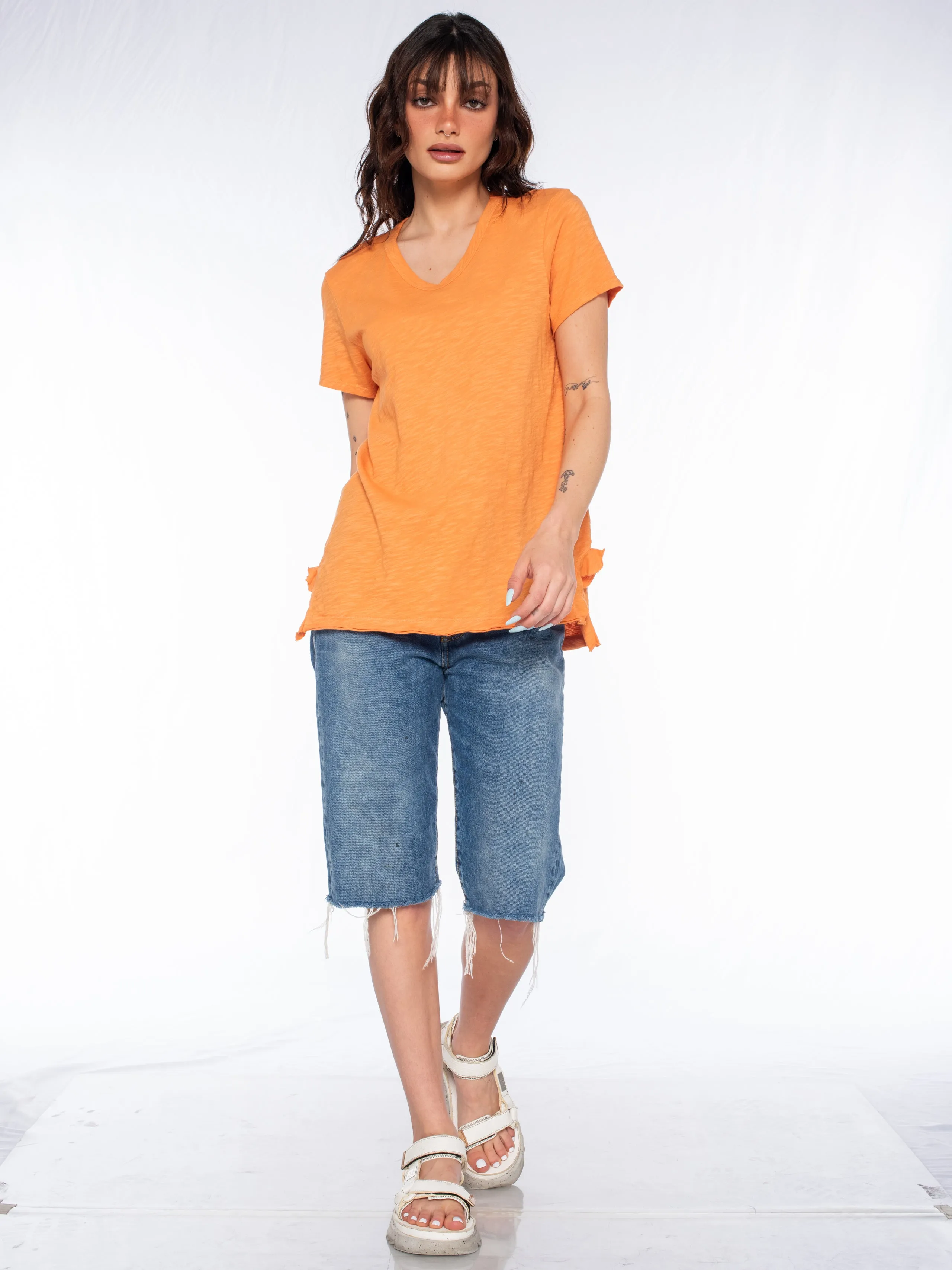 Shrunken Scoopy Neck Ruffled Slits