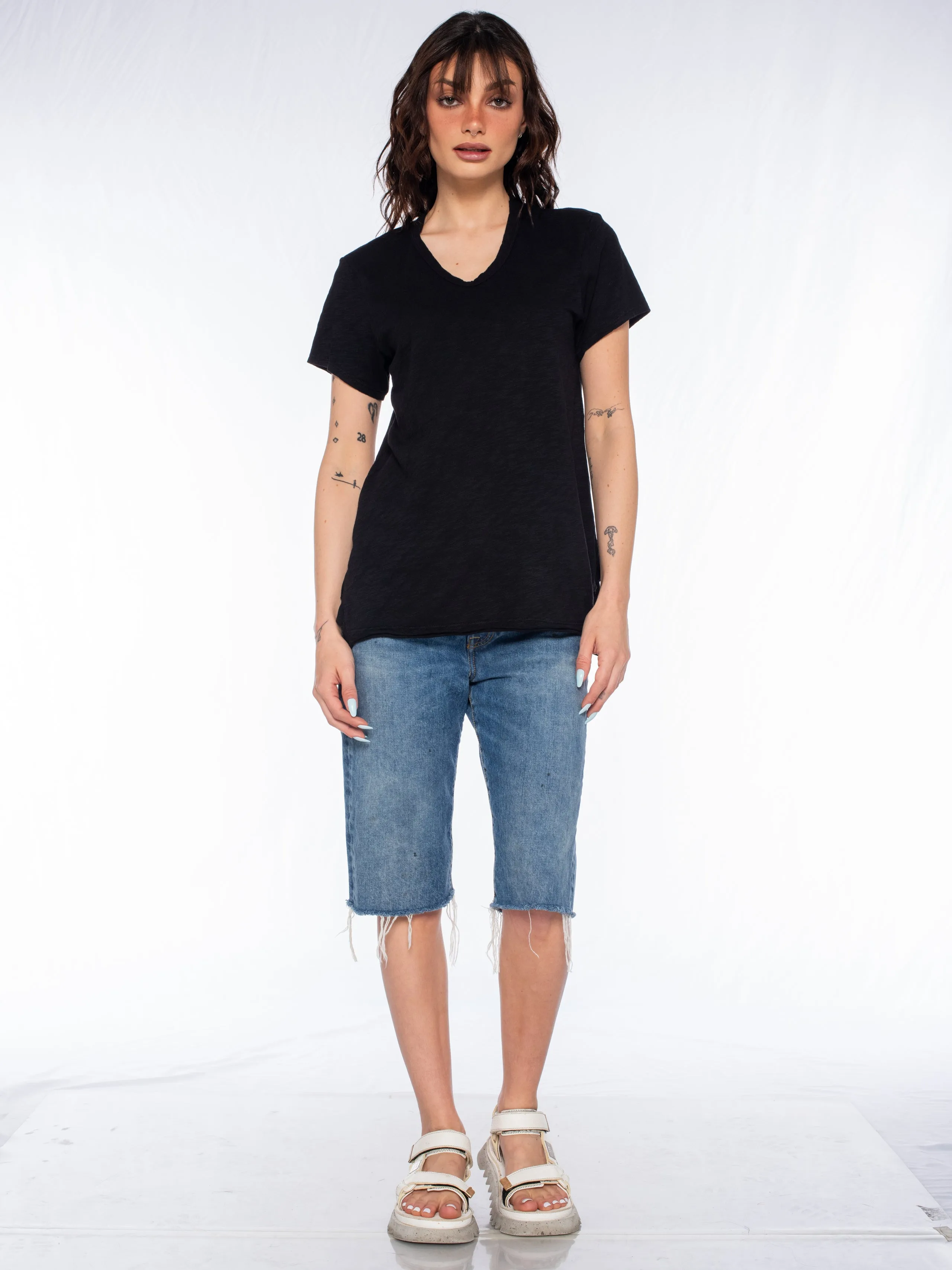 Shrunken Scoopy Neck Ruffled Slits