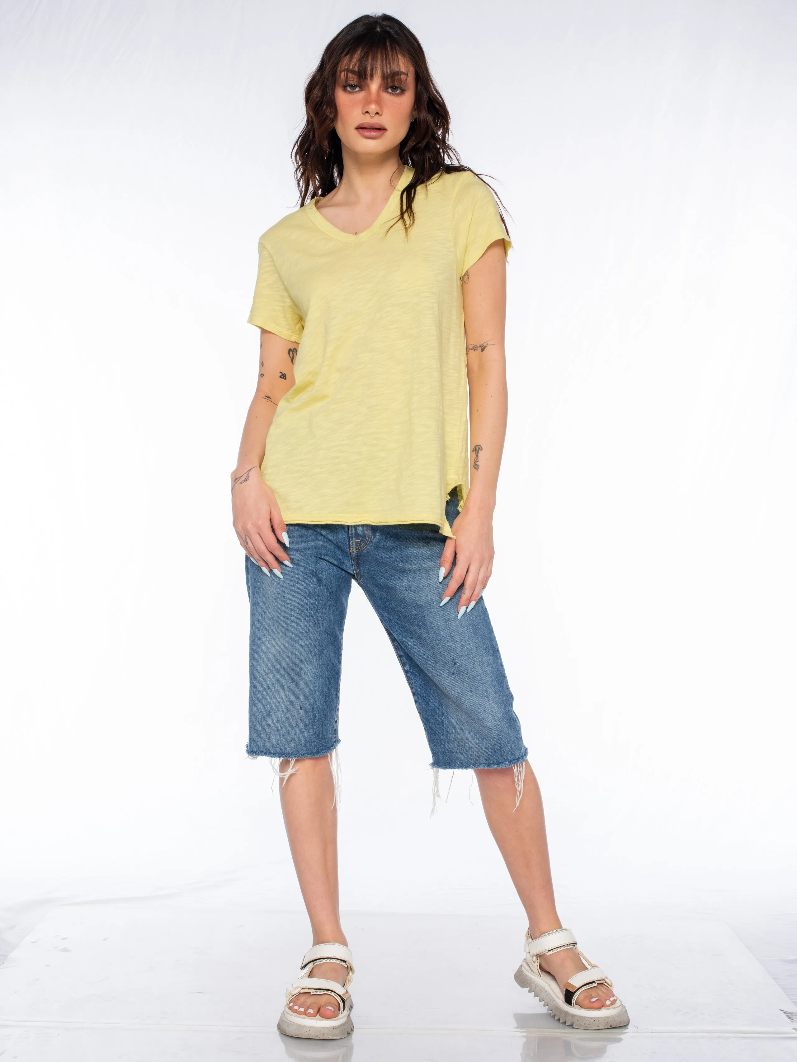 Shrunken Scoopy Neck Ruffled Slits