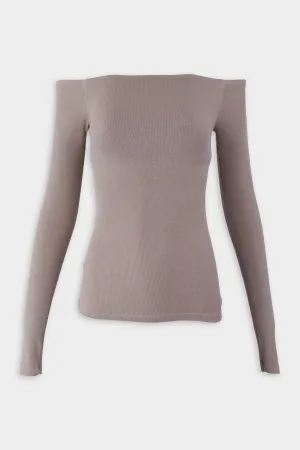 Silk Rib Off Shoulder Long Sleeve Top in Oatmeal