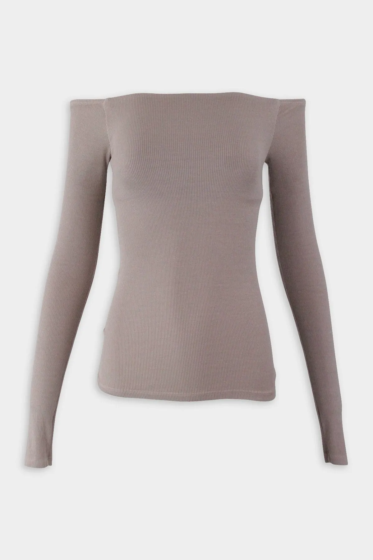 Silk Rib Off Shoulder Long Sleeve Top in Oatmeal