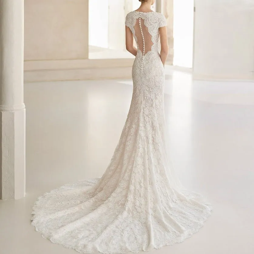 Silk Short Sleeve Front Slit Trailing Wedding Dress