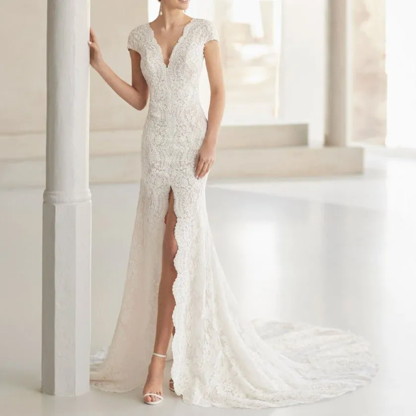 Silk Short Sleeve Front Slit Trailing Wedding Dress