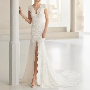 Silk Short Sleeve Front Slit Trailing Wedding Dress