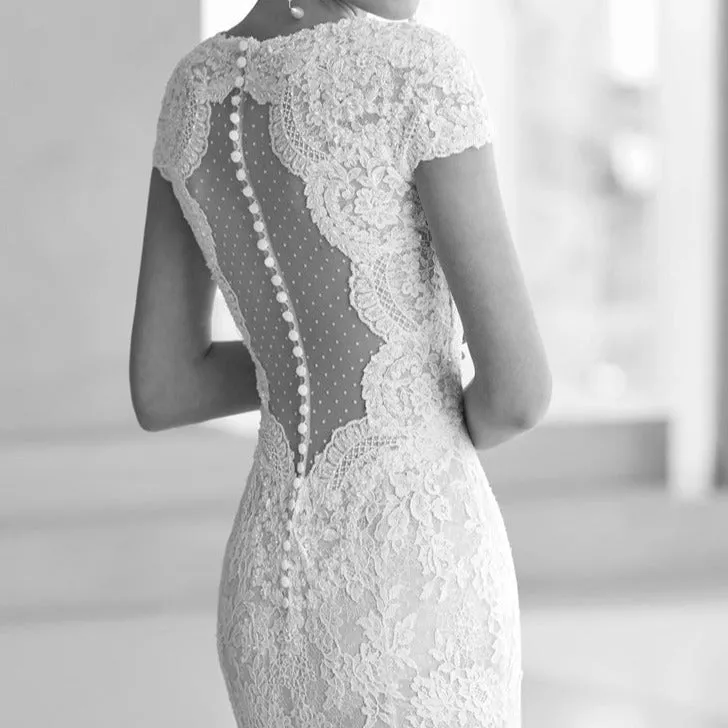 Silk Short Sleeve Front Slit Trailing Wedding Dress