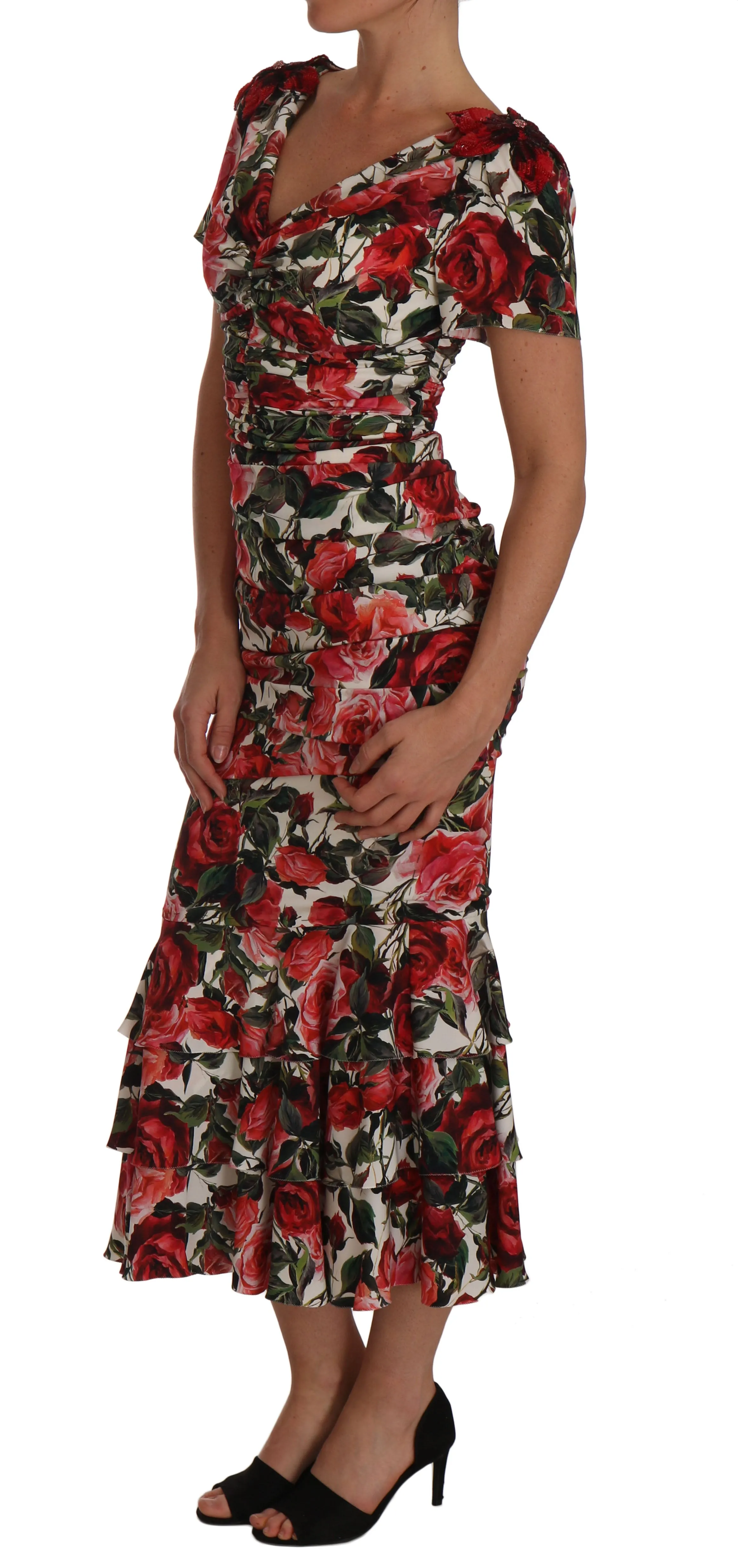 Silk Stretch Red Roses Sheath Gown