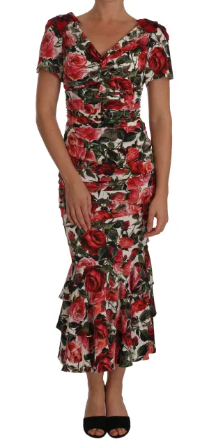 Silk Stretch Red Roses Sheath Gown