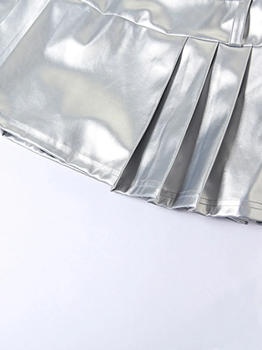 Silver PU Leather Pleated Skirt