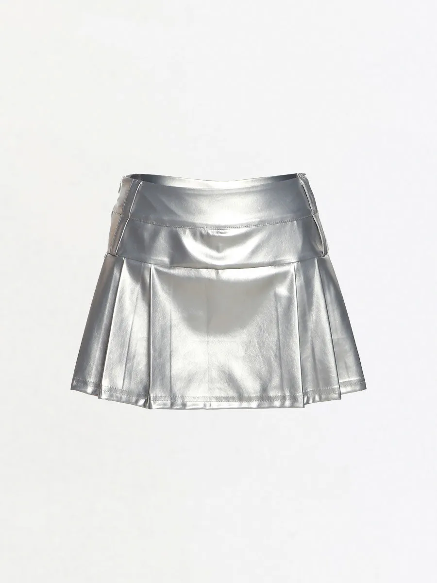 Silver PU Leather Pleated Skirt
