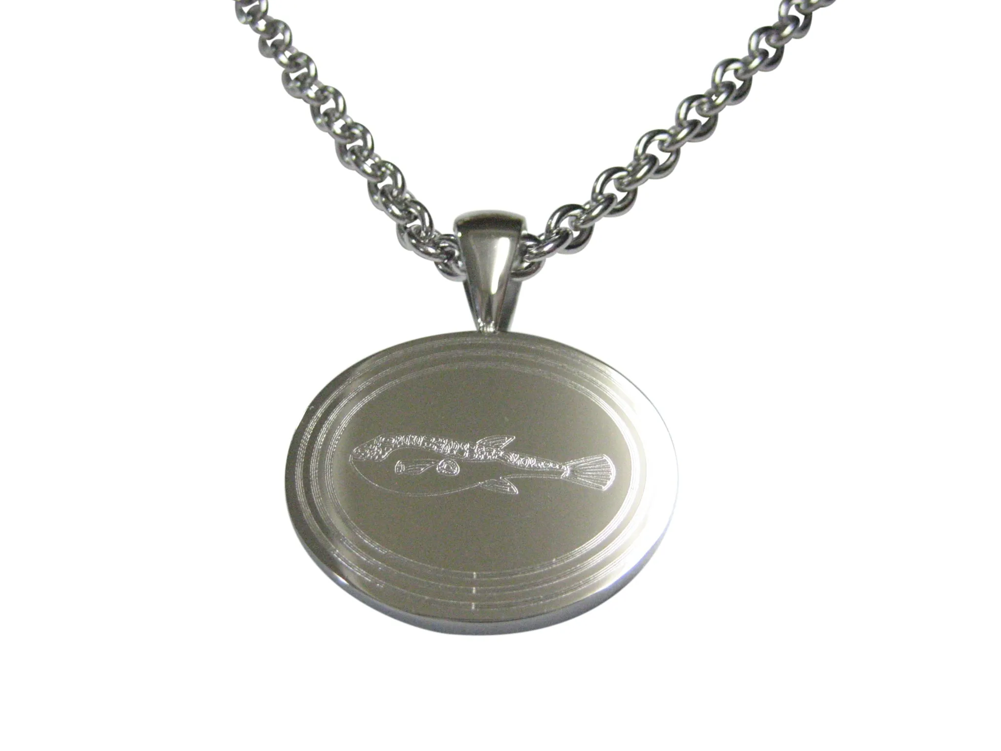 Silver Toned Etched Oval Puffer Fish Pendant Necklace