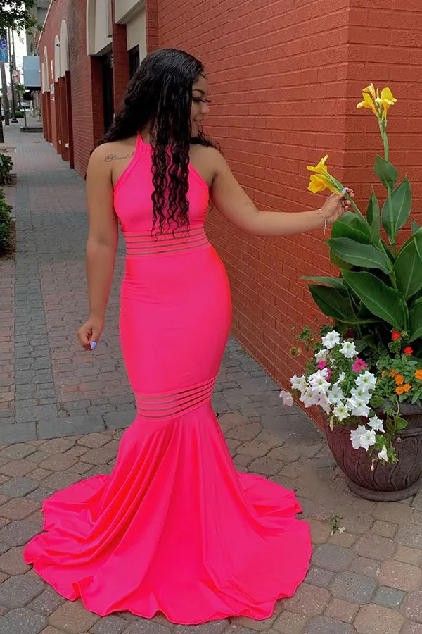 Simple Sleeveless Floor Length Pink Mermaid Prom Dresses