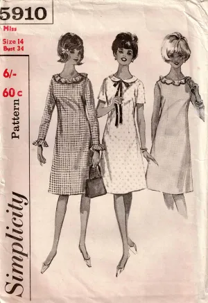 Simplicity 5910 Womens Shift Dress with Collar or Ruffled Neckline 1960s Vintage Sewing Pattern Size 14 Bust 34 inches UNUSED Factory Folded