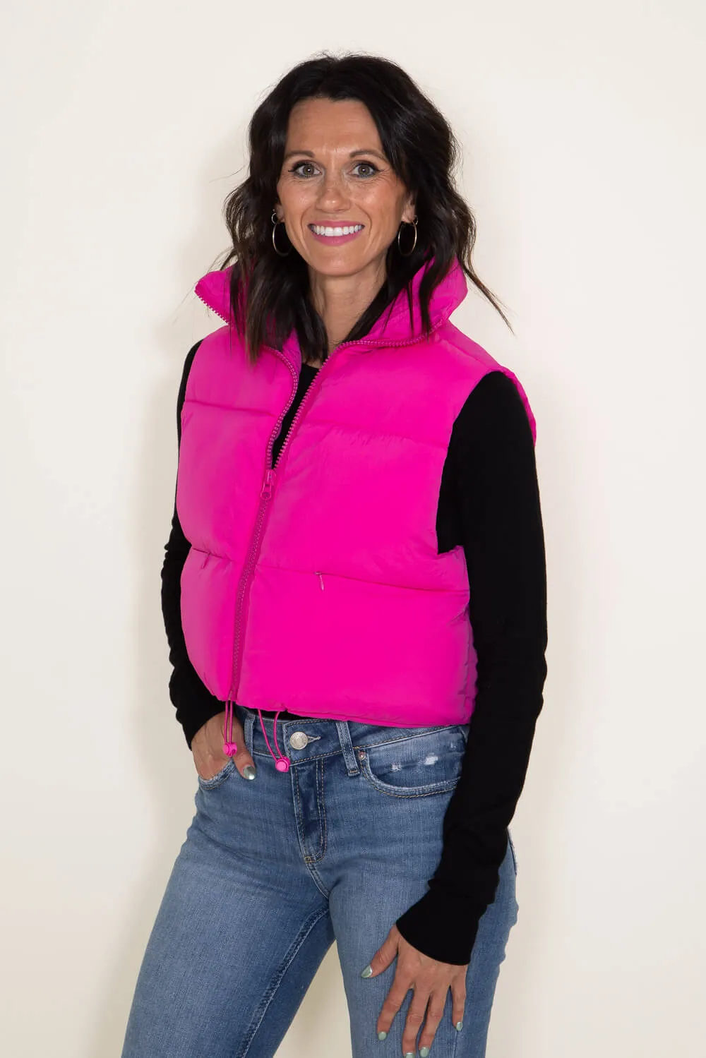 Simply Southern Cropped Puffer Vest for Women in Pink | PP-0223-PUFFY-VEST-FUCHSIA