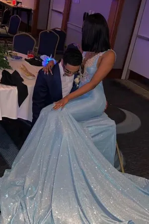 Sleeveless V-neck Appliques Court Train Mermaid Long Prom Dresses