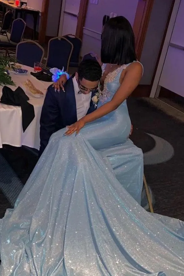 Sleeveless V-neck Appliques Court Train Mermaid Long Prom Dresses