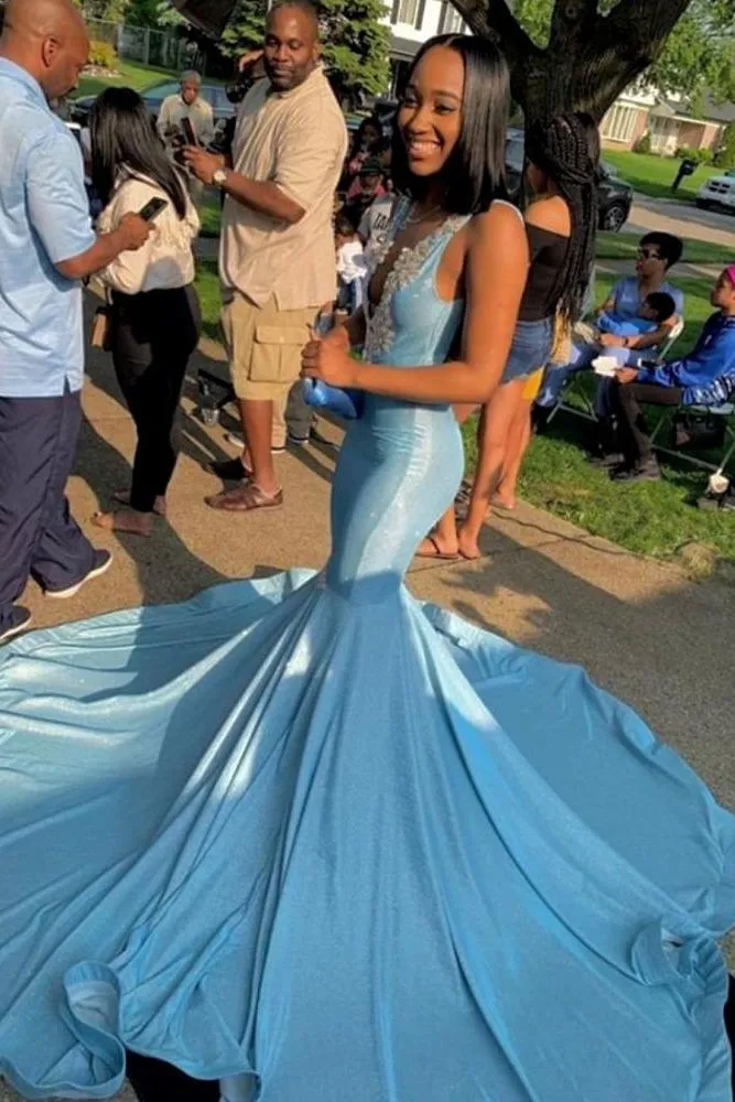 Sleeveless V-neck Appliques Court Train Mermaid Long Prom Dresses