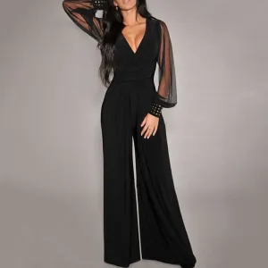 Solid Deep V-Neck Sheer Mesh Sleeve Wide Leg Jumpsuit
