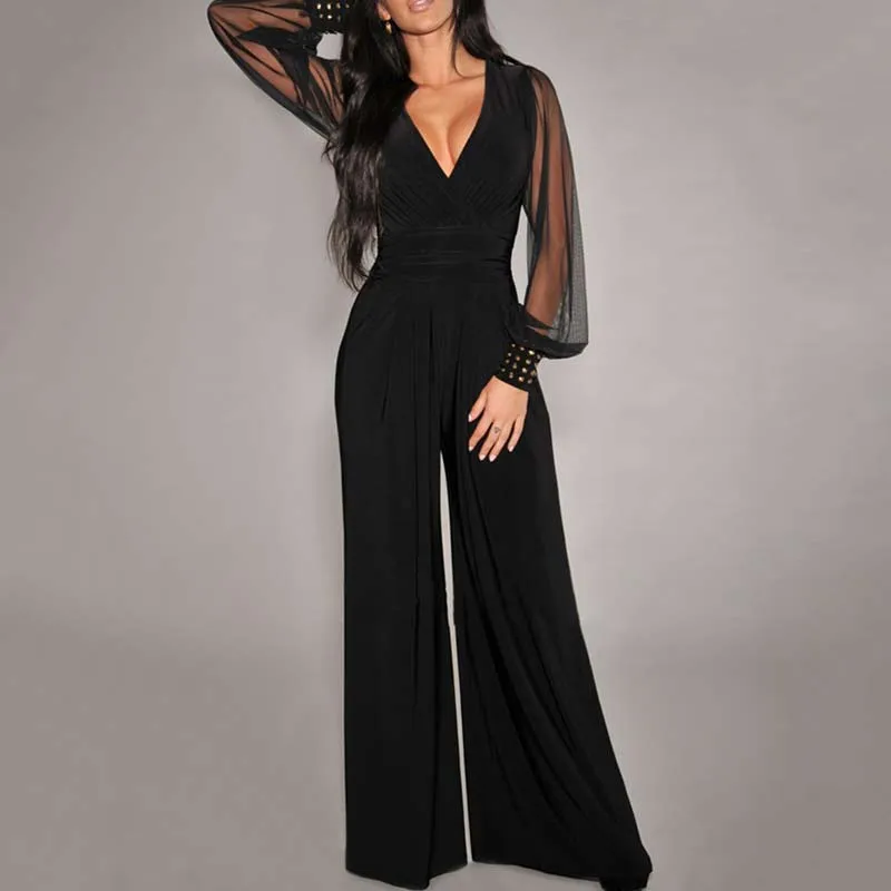 Solid Deep V-Neck Sheer Mesh Sleeve Wide Leg Jumpsuit