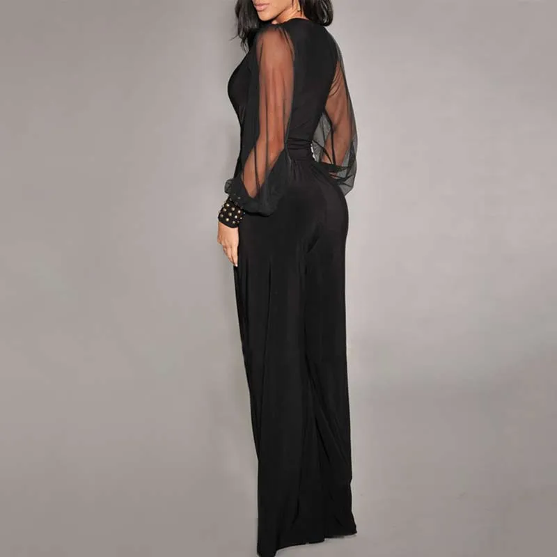 Solid Deep V-Neck Sheer Mesh Sleeve Wide Leg Jumpsuit