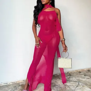 Solid Halter Backless Sheer Mesh Maxi Dress
