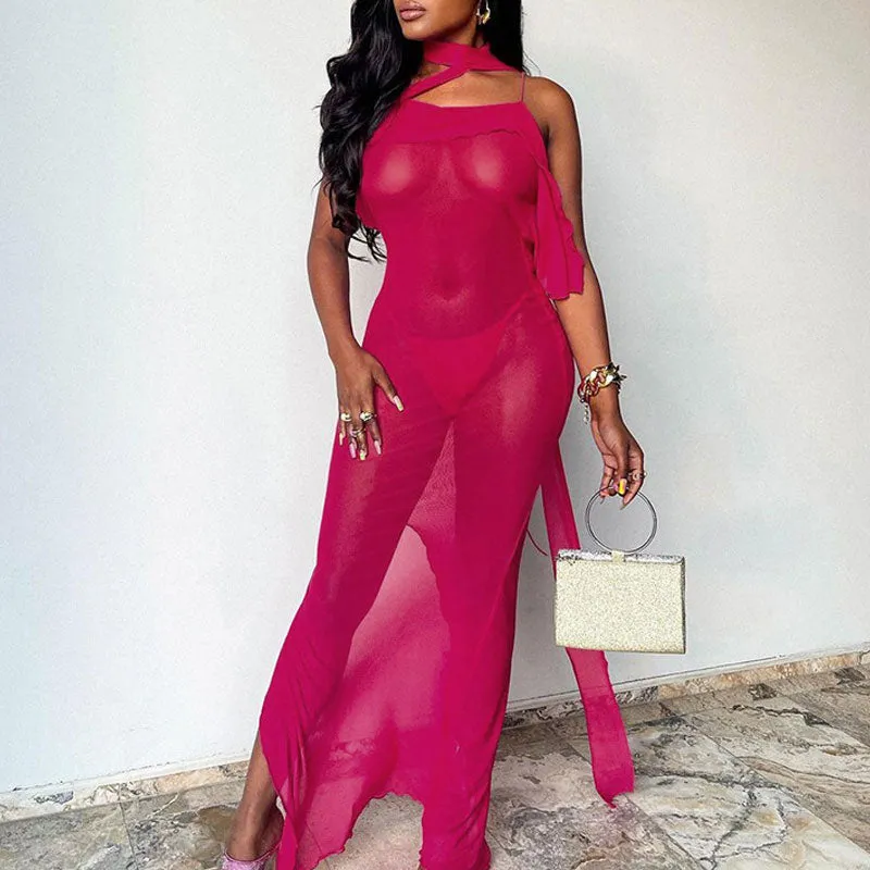 Solid Halter Backless Sheer Mesh Maxi Dress